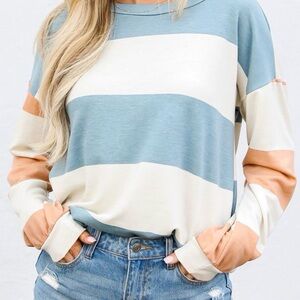Striped Long Sleeve Top - Blue, White and Pech.